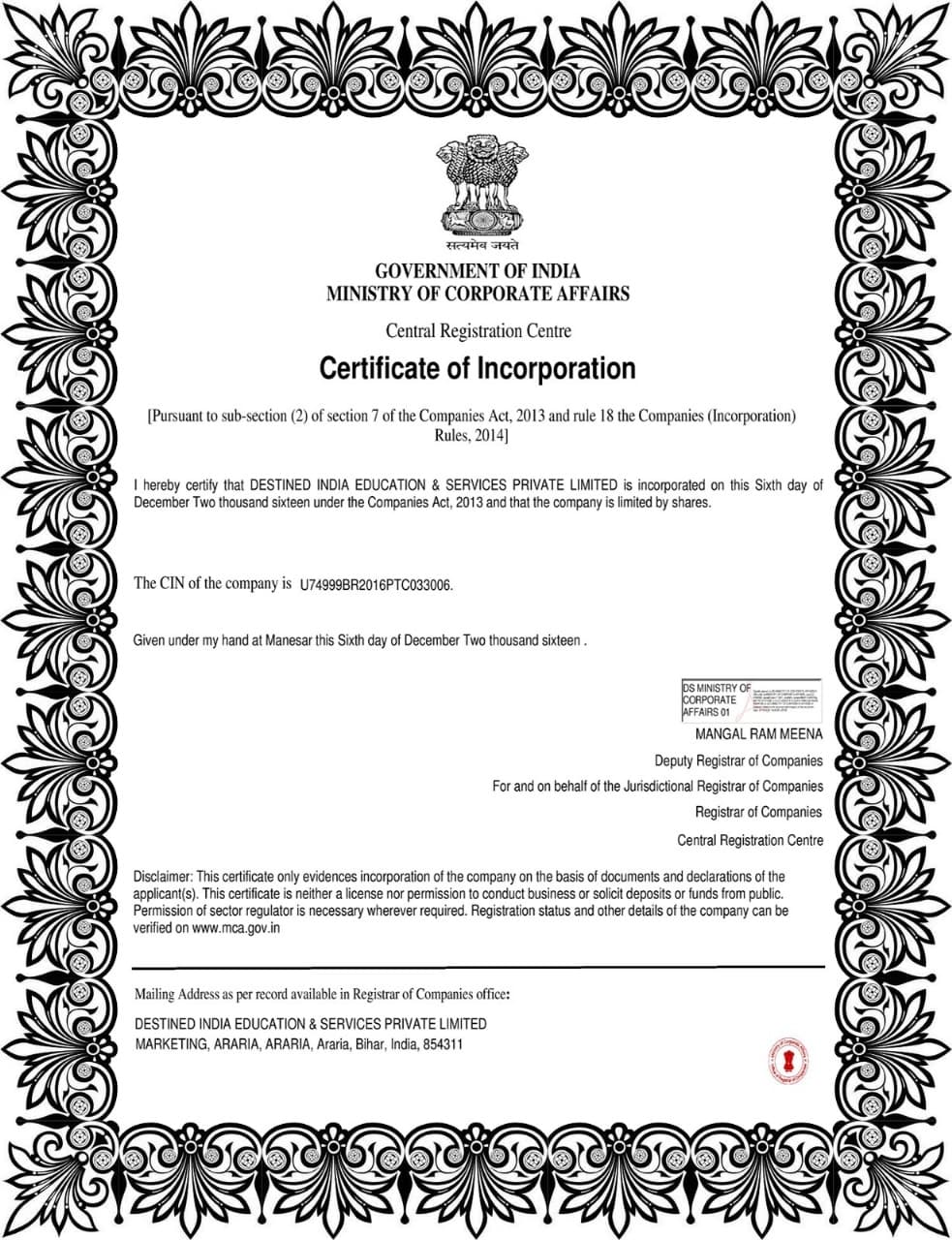 Certificate Of Incorporatopn